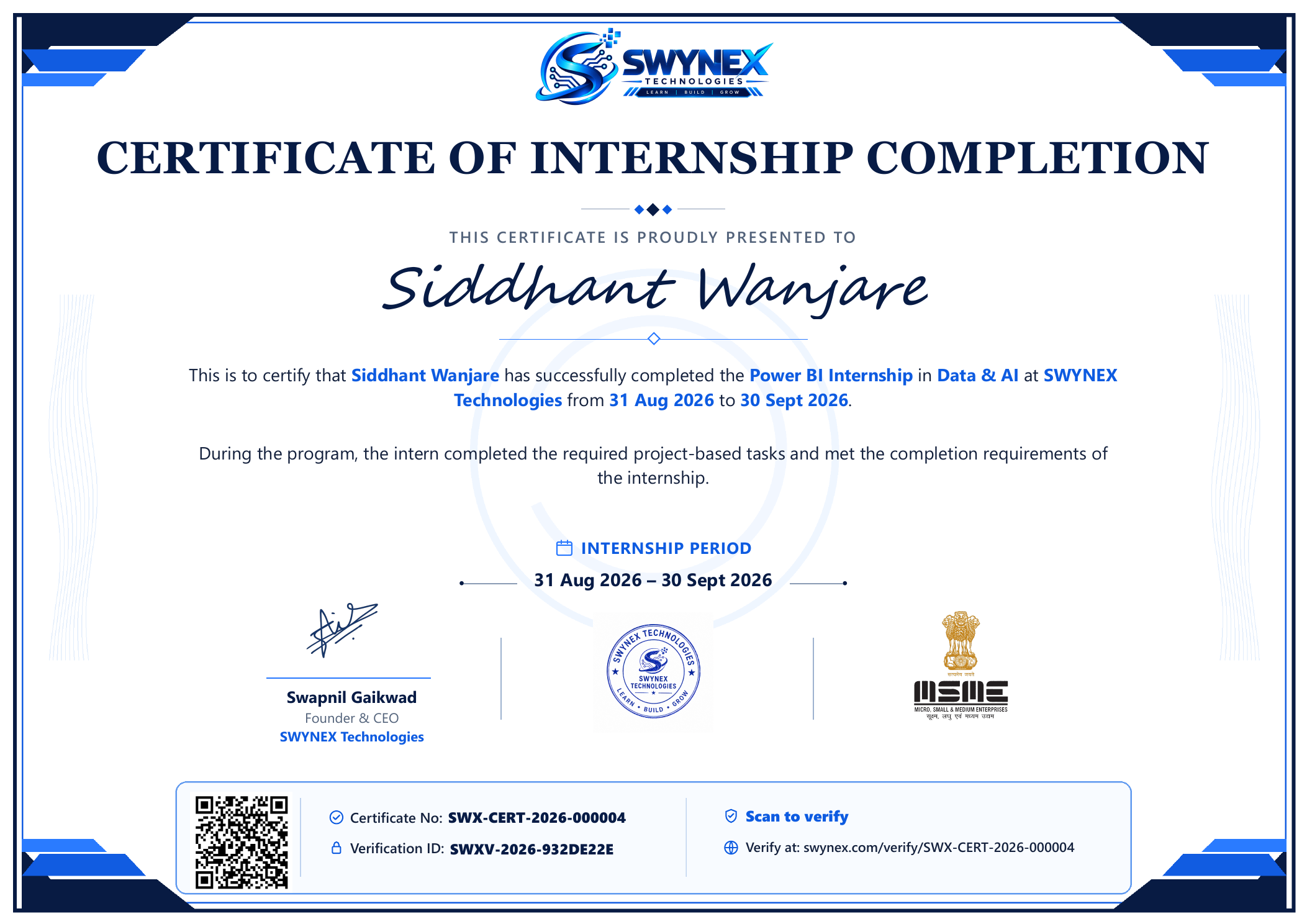 Real SWYNEX internship completion certificate preview